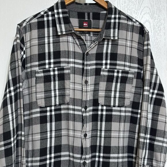 Quicksilver Flannel Shirt Men's Large Gray Black Plaid Long Sleeve Button Up - Picture 7 of 8